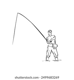 A man fishing in water in waders. Line drawn in black and white. Drawn by hand and vectorised.