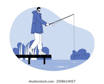 A man is fishing while standing on a wooden bridge by the river, blue, semi outline style, vector illustration.