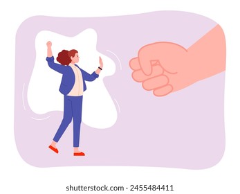 Man fist violence. Abused woman fight against home abusing of aggressive husband threatening hand, domesticate harassment victim protect female gender stop vector illustration of violence and victim