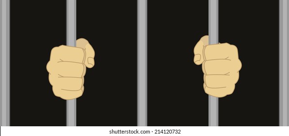 Man fists in darkness holding prison bars