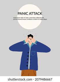 The man is in a fit of terror. Panic attack. Flyer, vector illustration in flat style.