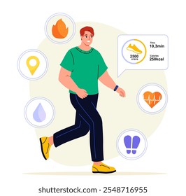 Homem com aplicações de fitness. Jovem com relógio inteligente no pulso anda pela rua. Estilo de vida ativo e esportes. Fitness e treino. Ilustração de vetor plano isolada no plano de fundo branco