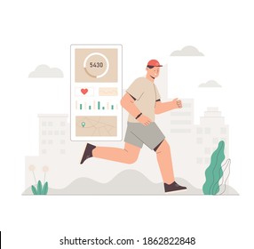 Man with fitness band or tracker running in the town park on city background. Flat style vector illustration. oncept of sports lifestyle and technology.