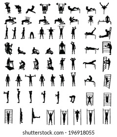 Man fitness exercise group vector silhouettes