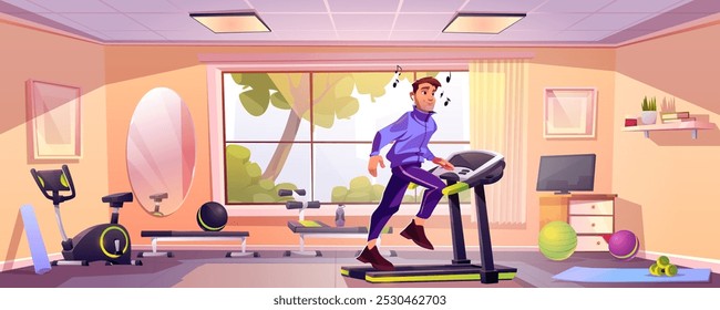 Homem no ginásio de fitness. Interior da sala com equipamento desportivo para exercício e treino. Design de estúdio de saúde com haltere, esteira, tapete e banco. Treinamento de móveis em centro de bem-estar com luz solar