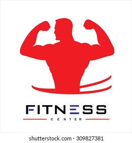 man of fitness silhouette character vector design template. Fitness logo with muscled man  silhouette. Gym label - vector illustration. Muscular man silhouette compose with elegant typography.