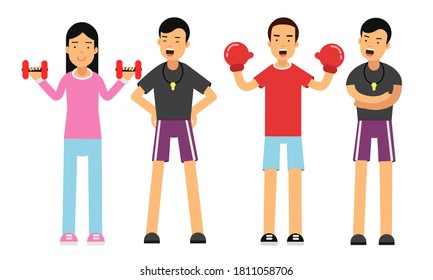 Man Fitness Trainer or oach with Whistle Giving Instructions in Gym Vector Illustration Set