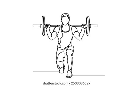Man Fitness workout exercise Continuous line drawing of a man lifting a heavy-weight barbell. A male bodybuilder is doing exercise in the gym center. Healthy lifestyle concept.
