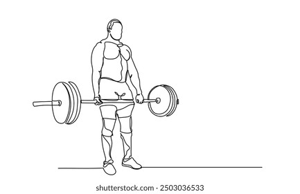 Man Fitness workout exercise Continuous line drawing of a man lifting a heavy-weight barbell. A male bodybuilder is doing exercise in the gym center. Healthy lifestyle concept.