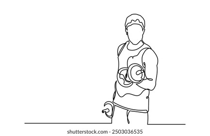 Man Fitness workout exercise Continuous line drawing of a man lifting a heavy-weight barbell. A male bodybuilder is doing exercise in the gym center. Healthy lifestyle concept.