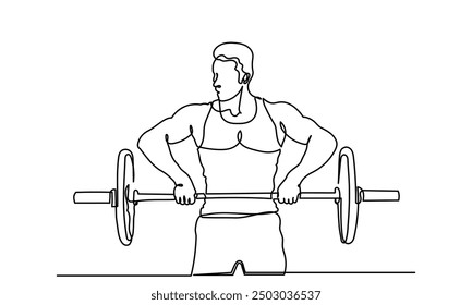 Man Fitness workout exercise Continuous line drawing of a man lifting a heavy-weight barbell. A male bodybuilder is doing exercise in the gym center. Healthy lifestyle concept.