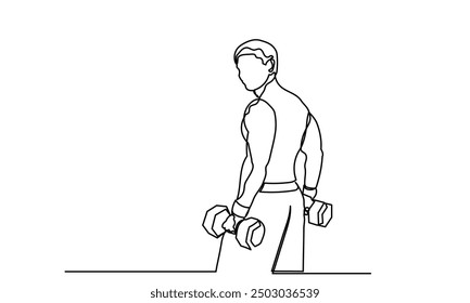 Ejercicio de ejercicio físico de hombre Dibujo continuo de línea de un hombre que levanta una barra de peso pesado. Un culturista masculino está haciendo ejercicio en el gimnasio. Concepto de estilo de vida saludable.