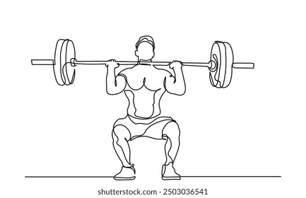 Man Fitness workout exercise Continuous line drawing of a man lifting a heavy-weight barbell. A male bodybuilder is doing exercise in the gym center. Healthy lifestyle concept.