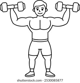 A man Fitness workout exercise Continuous line drawing of a man lifting a heavy-weight barbell. Body builder flexing and lifting weights outline vector design. Healthy lifestyle concept line art.