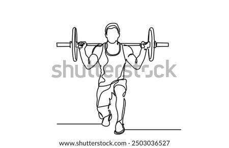 Man Fitness workout exercise Continuous line drawing of a man lifting a heavy-weight barbell. A male bodybuilder is doing exercise in the gym center. Healthy lifestyle concept.
