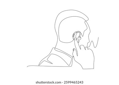 Man fitting hearing aid. Hearing aids concept one-line drawing