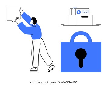 Man fitting puzzle piece, file cabinet with CVs, and a padlock symbol emphasizes problem-solving, data management, and security. Ideal for employment, recruitment, personal information protection