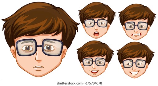 Man with five different facial expressions illustration