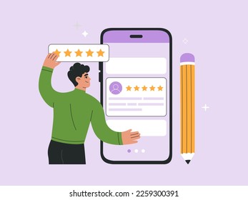 Man with five yellow stars giving feedback review in mobile app. Customer satisfaction rating, consumer online survey. Hand drawn vector illustration isolated on background, flat cartoon style.