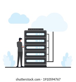 Man fix the cloud hosting in server. Flat cloud hosting illustration.