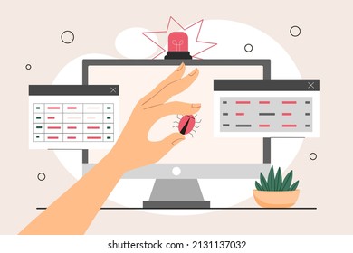 Man fix computer deleting malware, virus, bug or system error. Programmer or system administrator installs antivirus and protects data or files. Cartoon contemporary flat vector illustration