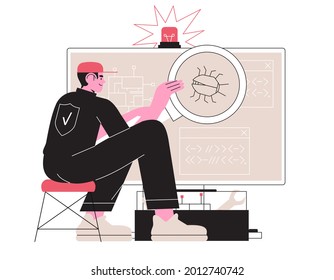 Man fix computer or laptop, deleting malware, virus, bug or system error. System administrator fixing program code or searching or preventing data leak. Programmer instal antivirus or spam protection.