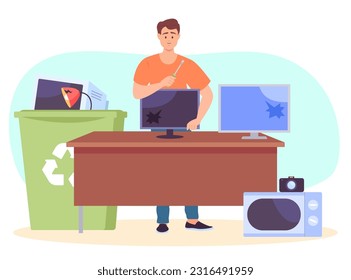 Hombre arreglando la ilustración del vector de computadora rota. Programa gubernamental para reparar dispositivos defectuosos, pantallas, microondas, cámara, TV en papelera. Lucha contra los desechos electrónicos, concepto de reparación de equipos