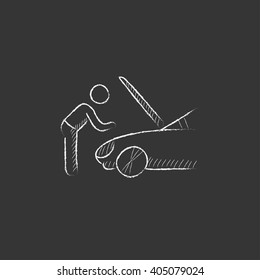 Man fixing car. Drawn in chalk icon.
