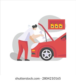 Man Fixing Car in Garage Flat Illustration. Flat style modern vector concept illustration. People hobby cartoon Illustration.