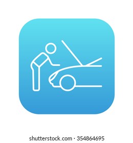 Man fixing car line icon for web, mobile and infographics. Vector white icon on the blue gradient square with rounded corners isolated on white background.
