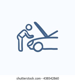 Man fixing car vector sketch icon isolated on background. Hand drawn Man fixing car icon. Man fixing car sketch icon for infographic, website or app.