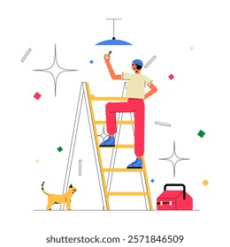 Man Fixing Ceiling Light On Ladder With Toolbox And Cat In Flat Vector Illustration Symbolizing Home Maintenance And Repairs, Isolated On White Background.