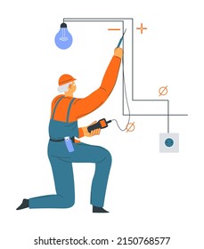 Man fixing electrical system in house, isolated repairman with tools maintaining lamp bulb. Male character wearing uniform clothes holding instruments in hands. Vector in flat style illustration