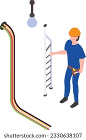 man fixing transmission line in basement isometric Concept, working on stairwell in corridor vector icon design, Electrical engineer symbol, Wiring specialist Sign, maintenance technician tool stock