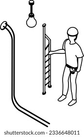 man fixing transmission line in basement isometric Concept, working on stairwell in corridor vector icon design, Electrical engineer symbol, Wiring specialist Sign, maintenance technician tool stock