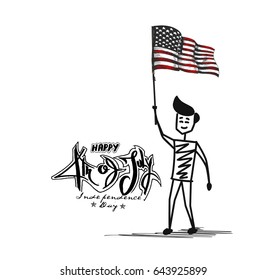 Man with flag for 4th july, Cartoon Hand Drawn Sketch Vector illustration.
