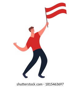 Hombre con bandera Austria.Personaje de dibujos animados de Guy aislado en ilustración plana vectorial de fondo blanco.País europeo símbolo.