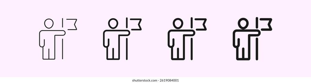 Man with the flag, Conquering the top, achieving the goal linear icon. Thin and bold line customizable illustration. Editable Icons