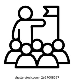 Man with flag and crowd of people line icon, city museum concept. Vector graphics. Guided tour for visitors, audience sign on white background, style mobile or design