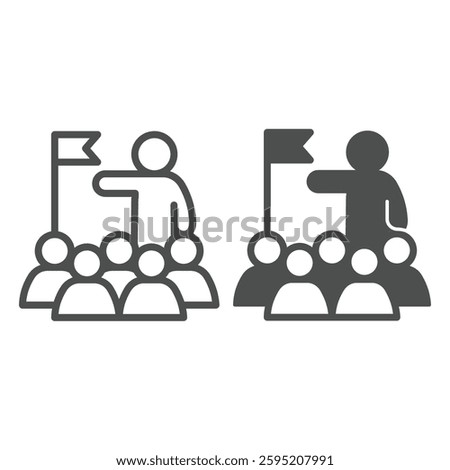 Man with flag and crowd of people line and solid icon, city museum concept. Vector graphics. Guided tour for visitors, audience sign on white background, outline style icon for mobile or web design