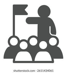 Man with flag and crowd of people solid icon, city museum concept. Vector graphics. Guided tour for visitors, audience sign on white background, glyph style icon for mobile or web design