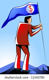  man with a flag with dollar symbol 	