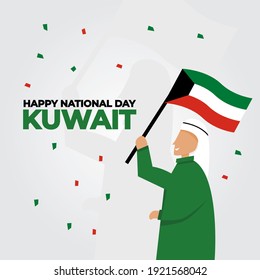 Man With Flag And Fireworks Flat Design Kuwait National Day Vektor