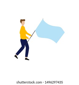 The man with the flag. Flat cartoon character isolated on white background