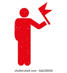 Man With Flag grainy textured red icon for overlay watermark stamps. Flat symbol with dust texture. Dotted vector ink rubber seal stamp with grunge design on a white background.