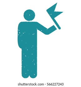 Man With Flag grainy textured soft blue icon for overlay watermark stamps. Flat symbol with dust texture. Dotted vector ink rubber seal stamp with grunge design on a white background.
