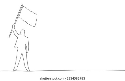 Hombre con la bandera en la mano. Un cartel de libertad de concepto continuo en una línea. Ilustración vectorial de arte de línea. Esbozar silueta con espacio de copia.