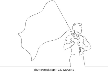 Un hombre con una bandera en sus manos. Cartel de la libertad. Un hombre sostiene una bandera. Un hombre sostiene una bandera. Un dibujo de línea continua.Lineal. Dibujado a mano, fondo blanco.
