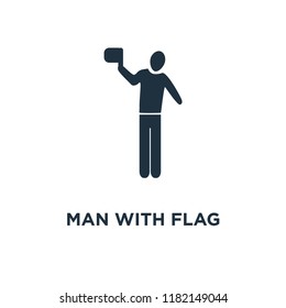 Man with Flag icon. Black filled vector illustration. Man with Flag symbol on white background. Can be used in web and mobile.