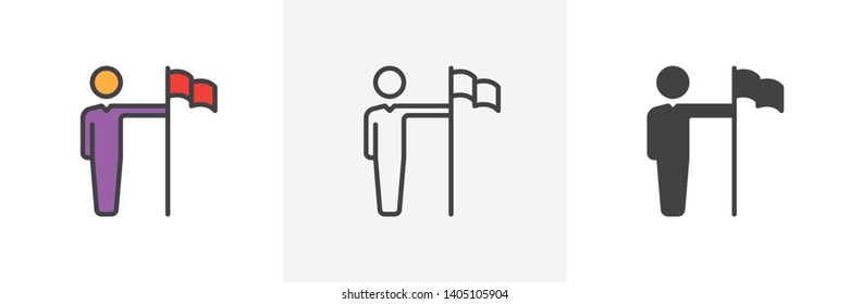 Man with flag icon. Line, glyph and filled outline colorful version, Achievement, Person with flag outline and filled vector sign. Symbol, logo illustration. Different style icons set. Vector graphics